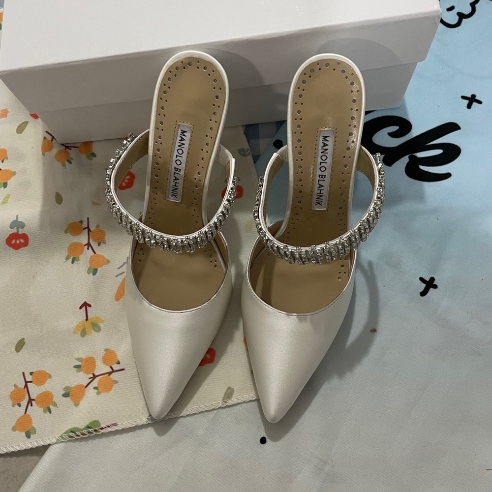 Manolo Blahnik White Satin Pointed Toe Mules with Crystal Strap Detail